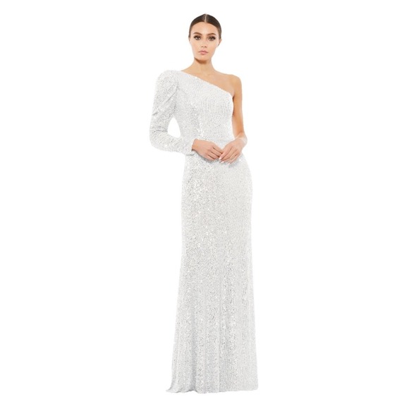 Ieena for Mac Duggal White Sequined One Shoulder Trumpet Gown Womens Size 8 - Picture 1 of 15